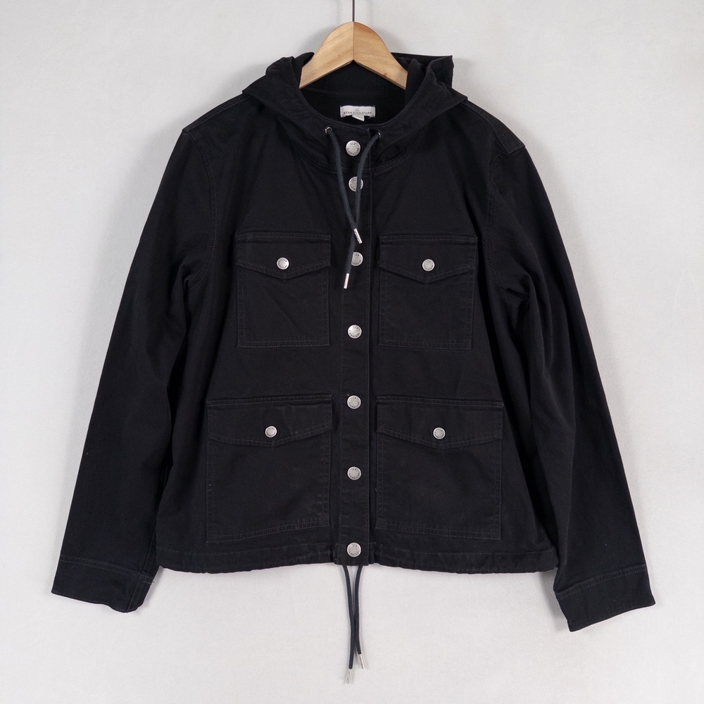 LL Bean Signature Field Jacket Womens Large Black Snap Front Hooded Utility